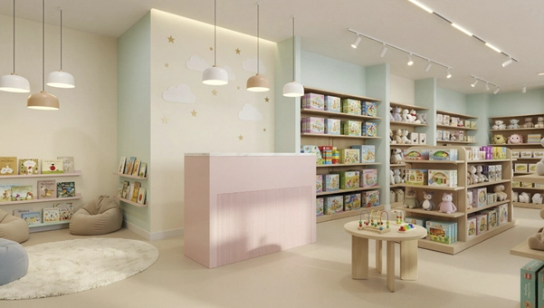 Mostrador rosa Florence en tienda de juguetes con zona de caja infantil