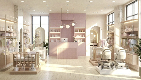 Mostrador Florence rosa en tienda de puericultura con ambiente infantil moderno