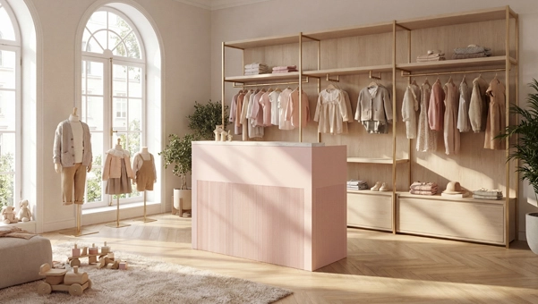 Mostrador Florence rosa en tienda de ropa infantil con estilo moderno