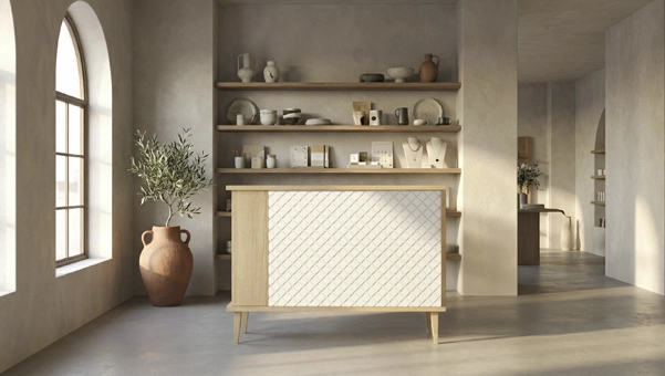 Mostrador Aalto de 2 módulos en tienda de cerámica, mostrador vintage para tienda con acabado Roble Vicenza, panel geométrico y diseño nórdico para espacio de materiales y decoración