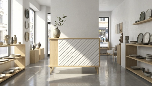 Mostrador Aalto en tienda de decoración para el hogar, mostrador para tienda de madera con estilo vintage, patas cónicas y frontal geométrico en ambiente de interiorismo