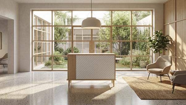 Mostrador Aalto para hoteles en recepción, mostrador de recepción de diseño con estilo nórdico vintage, panel geométrico blanco y acabado madera Roble Vicenza