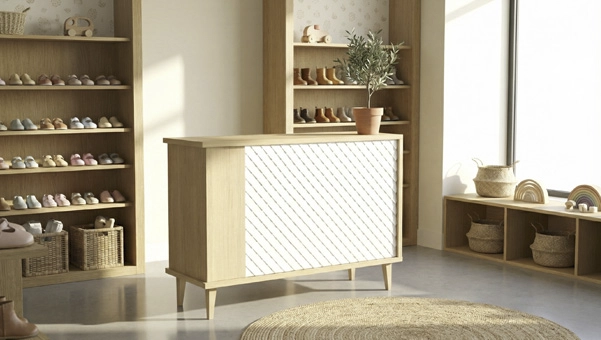 Mostrador Aalto en zapatería, mostrador de zapatos para tienda con diseño vintage nórdico, acabado madera clara Roble Vicenza y frontal decorativo geométrico