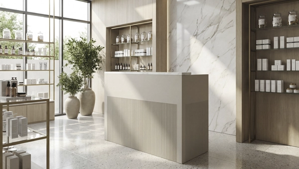 Mostrador Florence gris con sobre acabado en marmol en un ambiente de productos de cosmética