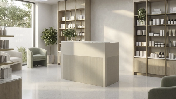 Mostrador Florence gris en farmacia, mostrador para farmacia con diseño elegante, acabado gris lacado y encimera efecto mármol blanco para zona de atención y cobro