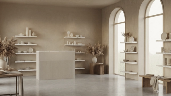 Mostrador Florence gris en tienda de decoración, mostrador para tienda de decoración con estilo Art Déco contemporáneo, acabado gris lacado y encimera mármol blanco