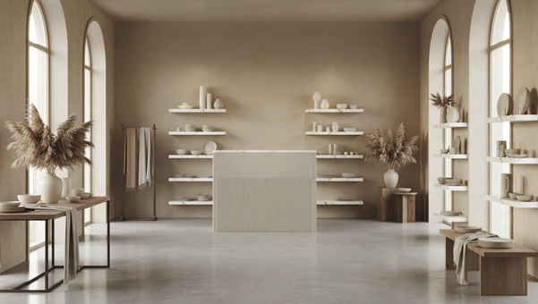Mostrador de diseño para tiendas de cerámica en acabado gris
