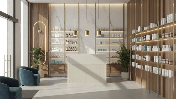 Mostrador Florence gris en tienda de cosmética, mostrador elegante para tienda con acabado gris lacado, encimera mármol blanco y diseño premium para zona de caja