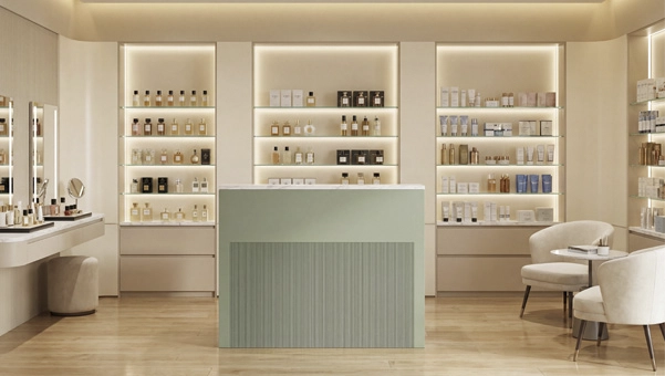 Mostrador verde Florence en tienda de perfumes con zona de caja moderna