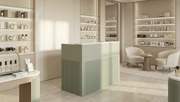 Mostrador Florence verde en perfumería con diseño comercial sofisticado