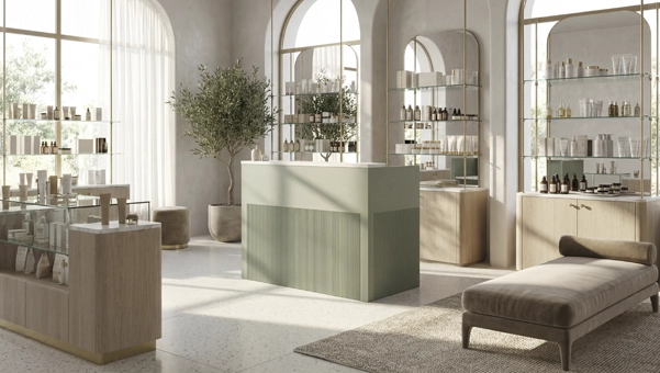 Mostrador Florence verde en salón de belleza con recepción moderna