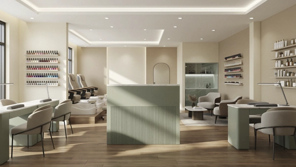 Mostrador Florence verde en salón de manicura con zona de recepción elegante
