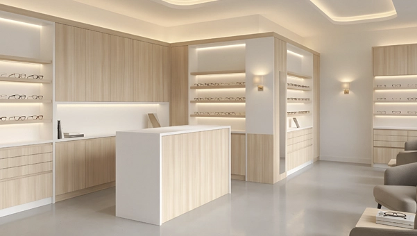Mostrador Foster 198x68 para óptica mediterránea diseño luminoso y elegante