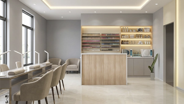 Mostrador recepción blanco para centro de uñas Foster 133x68 diseño elegante y funcional
