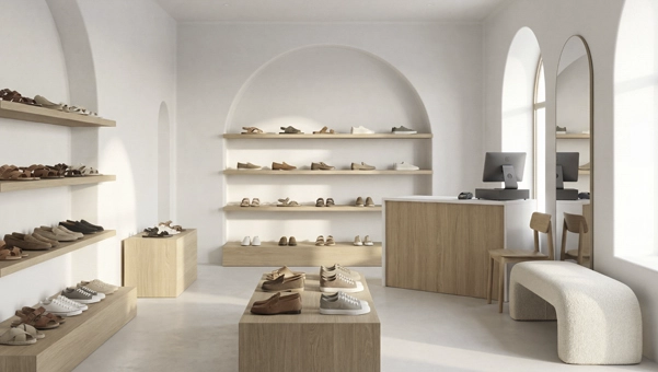 El mosador Foster e Inretail enaja en cualquier ambiente, como en esta zapatería de estilo mediterráneo