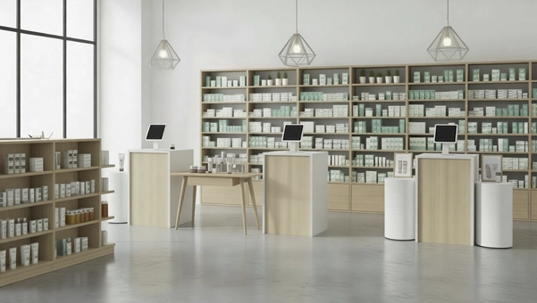Tres mostradores Foster 68x68 en farmacia diseño modular atención al cliente