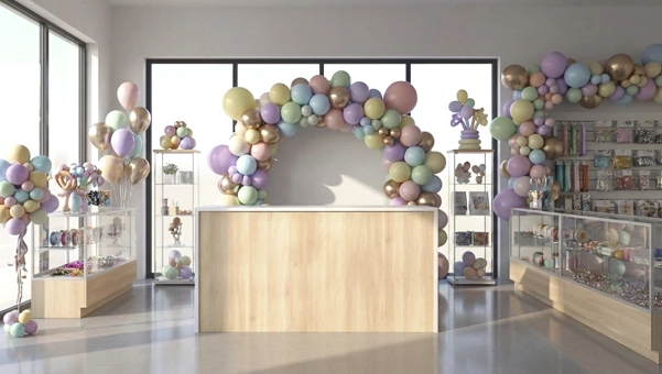 Mostrador Foster 198x68 para tienda de globos y eventos acabado blanco y madera diseño moderno