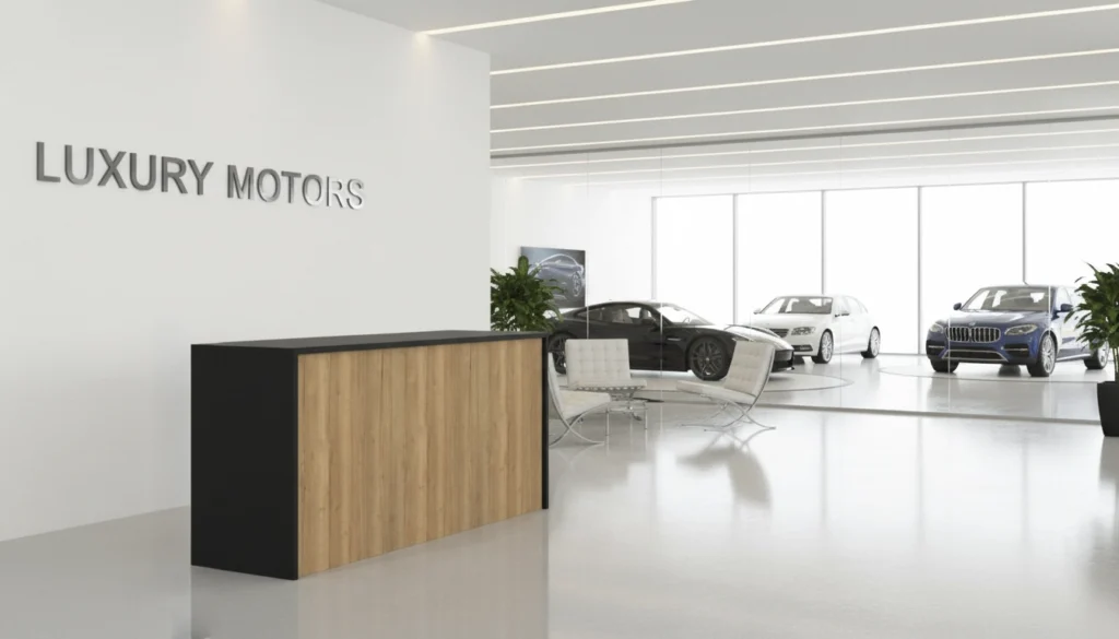 Mostrador Foster 198x68 cm para concesionario diseño moderno atención al cliente