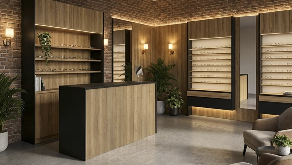 Mostrador Foster 198x68 para óptica industrial diseño robusto y elegante