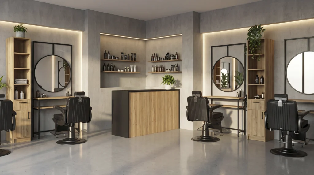 Mostrador para peluquería Foster 198x68 diseño industrial madera y negro