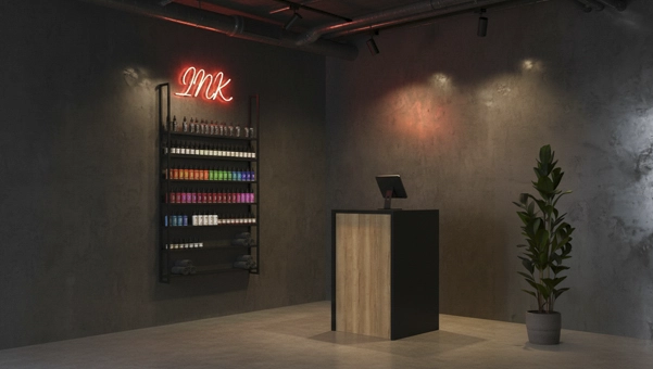 Estudio de tatuajes con el mostrador Foster 68 x 68 cm negro de Inretail