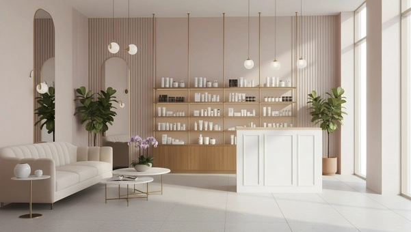 Así luce el blanco mostrador de estilo clásico de Inretail fabricado con madera sostenible