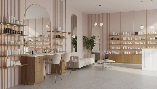 mostradores de diseño para tiendas Hoffman 133x68 cm en tienda de cosmética y perfumes