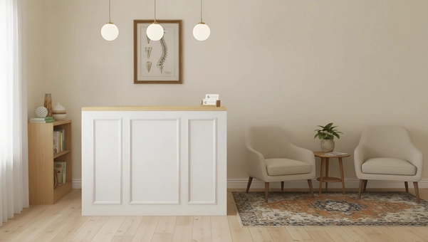 El mejor mostrador para recepciones clásicas es el Hoffman 133 x 68 cm de Inretail, fabricantes de mobiliario made in Spain