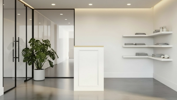 Mostrador 68 x 68 cm de madera para concept stores y tiendas minimalistas