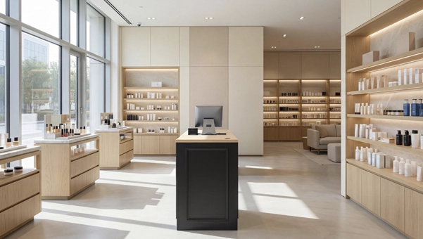 mostrador negro Hoffman con encimera madera en tienda de belleza minimalista