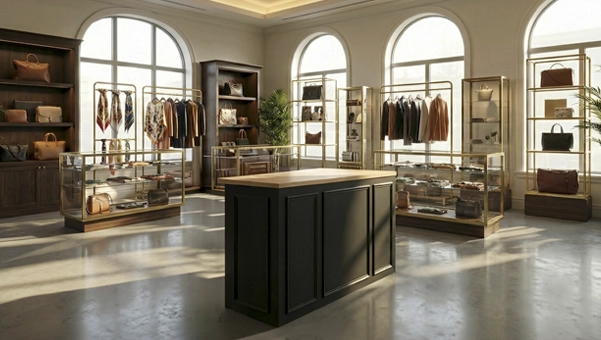 Tienda de ropa y complementos con el mostrador negro Hoffman de Inretail