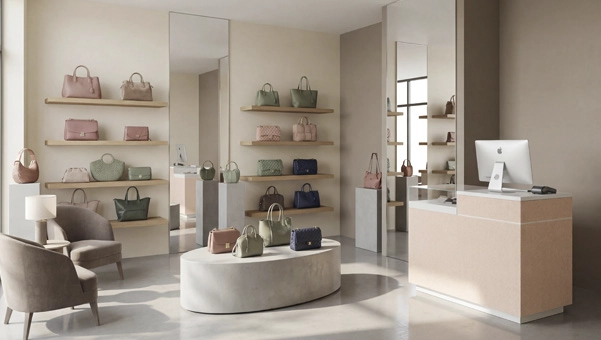Mostrador con vitrina para tienda de bolsos y accesorios