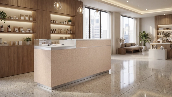 mostradores de diseño para tiendas Koolhaas 198x68 cm con vitrina en tienda de cosmética natural