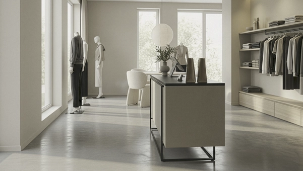 Mostrador Meier lateral en tienda de ropa con mobiliario de diseño