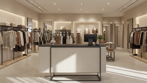 Mostrador Meier en tienda de ropa clásica con zona de caja elegante