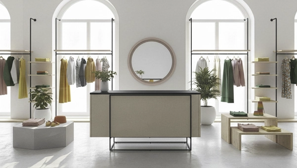 Mostrador Meier en tienda de ropa minimalista con diseño limpio y actual