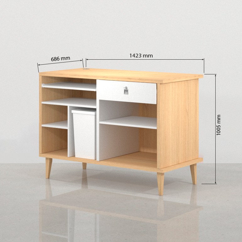 Mostrador vintage de 2 módulos modelo Aalto en roble y blanco.