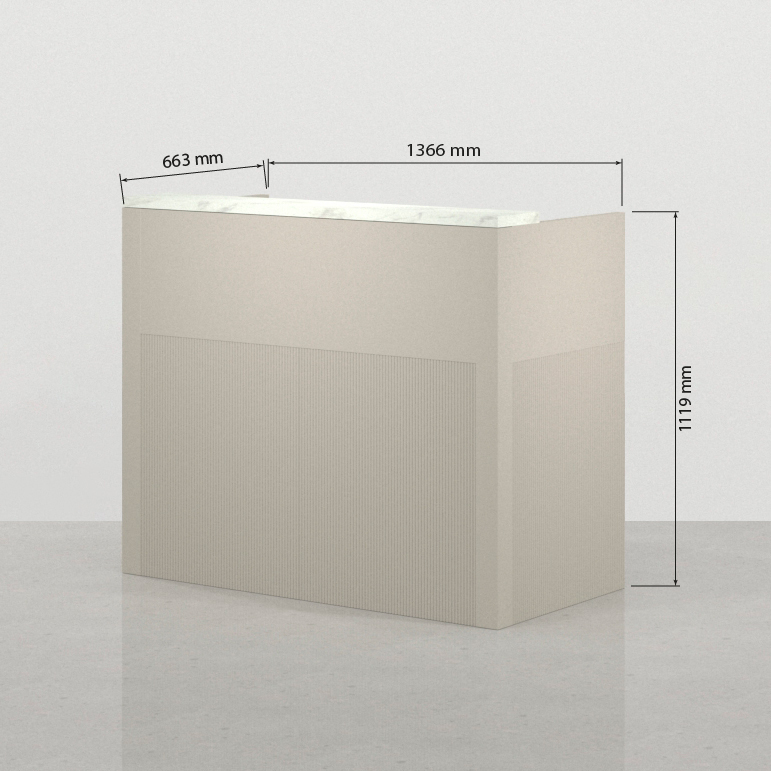 Mueble mostrador de diseño Florence vista frontal con carcasa gris lacado Nature y sobremostrador mármol blanco para recepciones y salas de espera