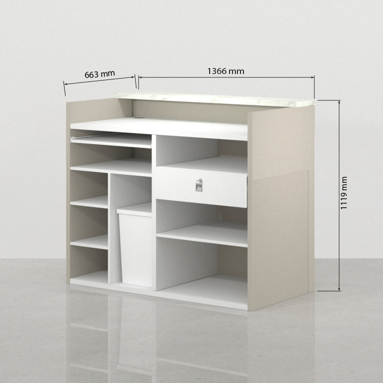 Mueble mostrador de diseño Florence gris lacado y mármol blanco, Made in Spain para ópticas y clínicas dentales.