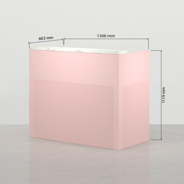 Mostrador de recepción 136 x 66 cm Florence rosa con diseño Art déco visto de frente