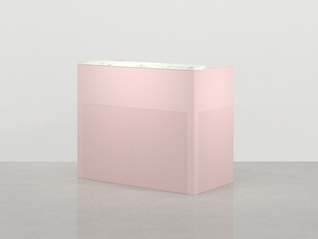 Mostrador rosa para tienda de ropa con frontal geométrico decorativo
