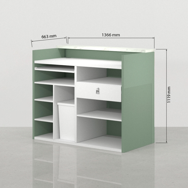 Vista lateral mostrador 136 x 66 cm diseño Art déco Florence verde para boutique