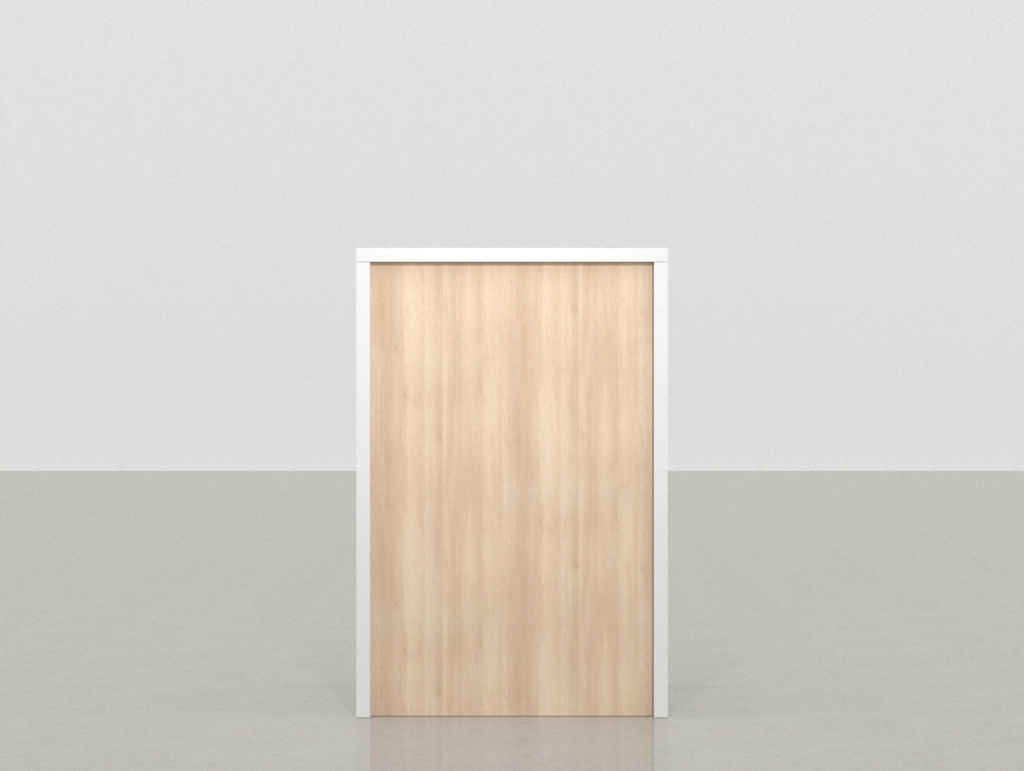 Vista frontal del mostrador de atención compacto Foster 68 x 68 cm en acacia y blanco