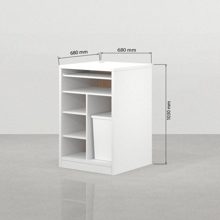 Medidas traseras del mueble de cobro compacto Foster 68 x 68 cm en acacia y blanco