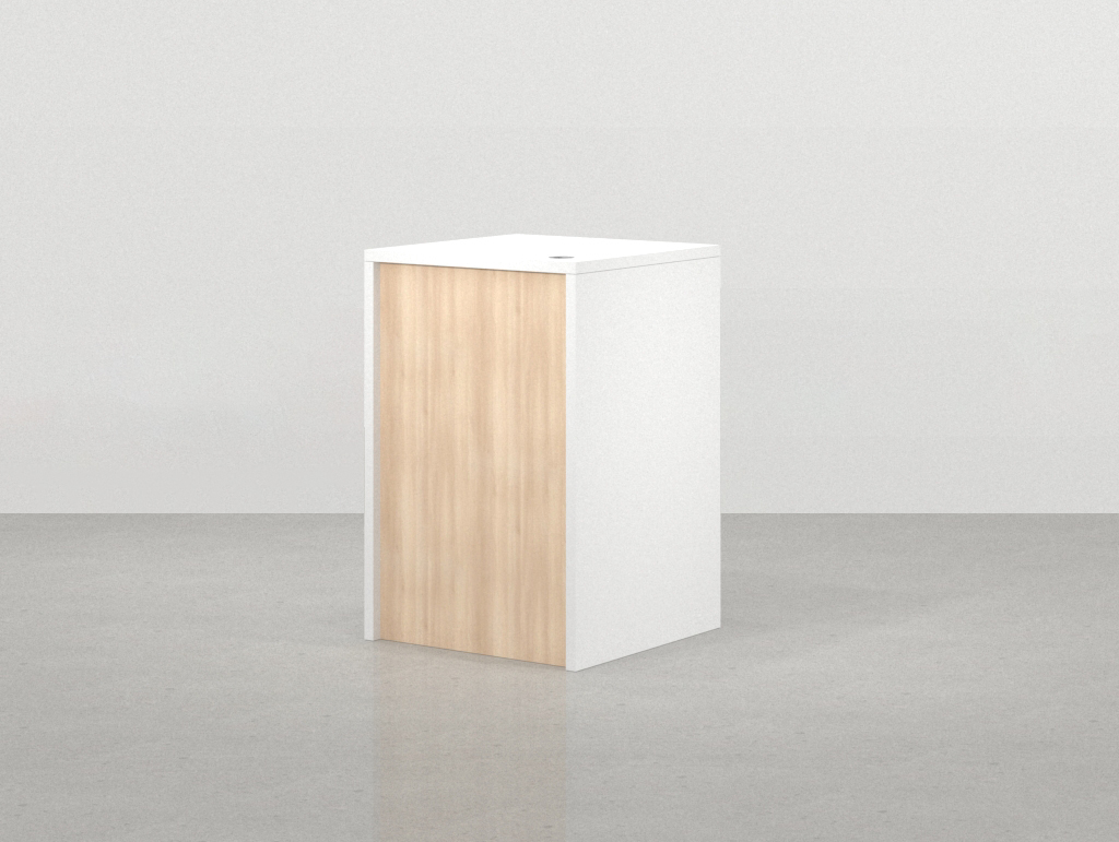 Vista lateral del mostrador de madera Foster 68 x 68 cm en blanco y acacia
