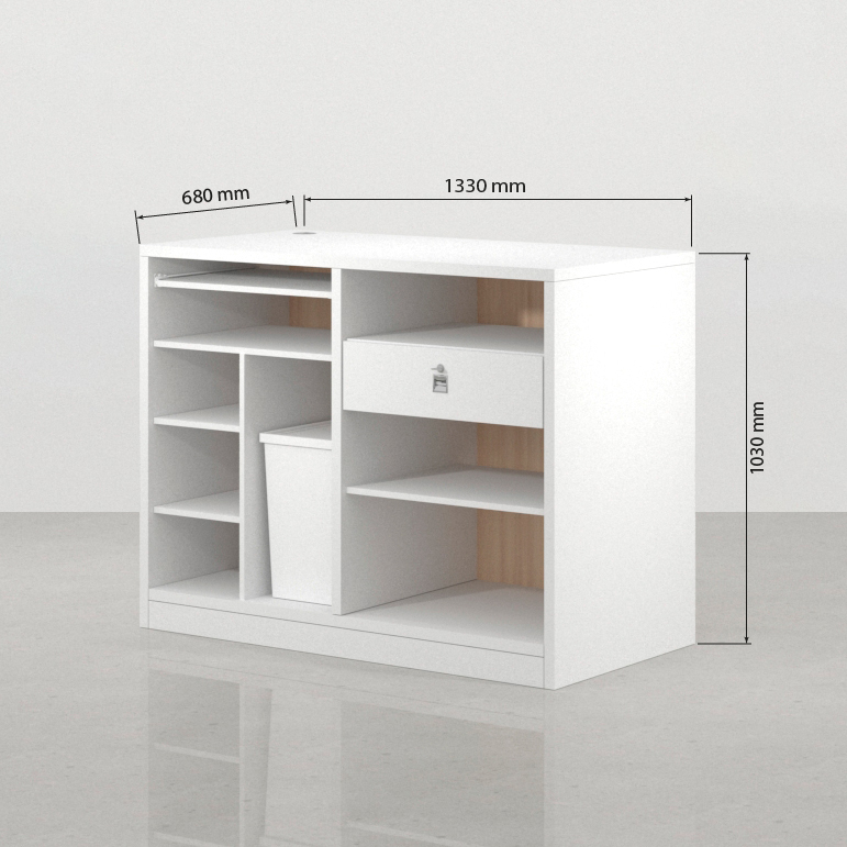 Medidas traseras del mostrador de cobro Foster 133 x 68 cm blanco y acacia