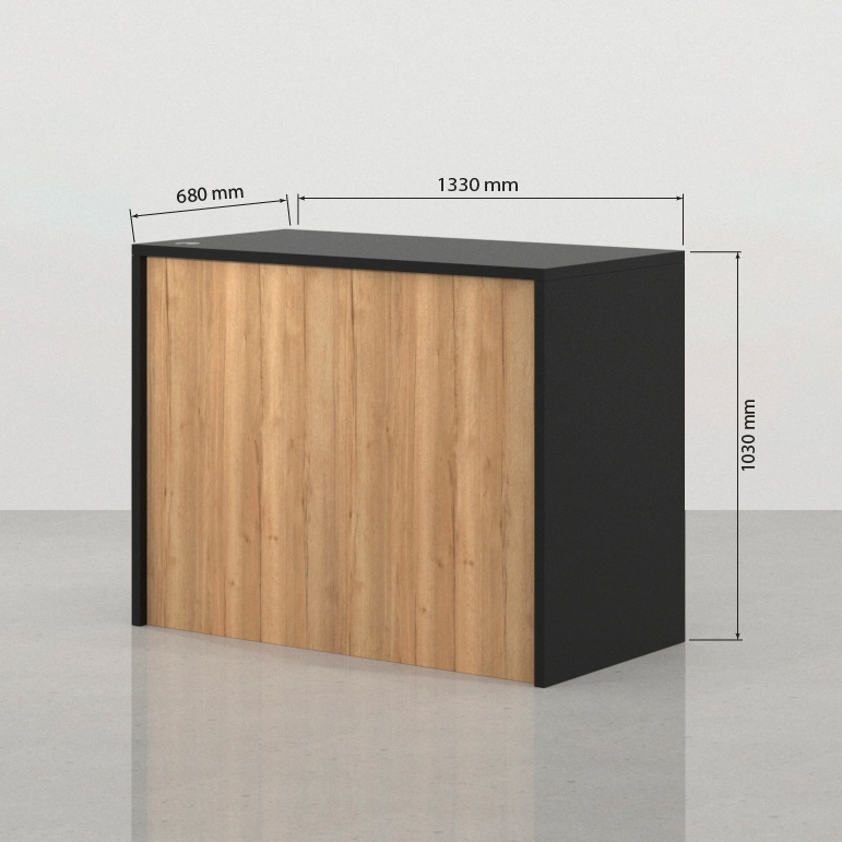 Medidas frontales del mostrador de tienda Foster negro 133 x 68 cm