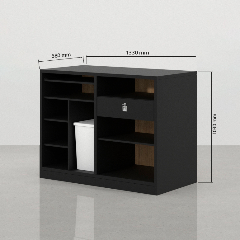 Medidas de mostrador para tienda Foster 133 x 68 cm en roble Halifax y negro