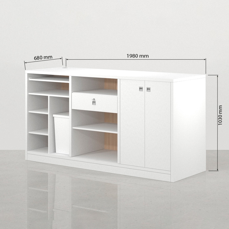 Medidas traseras del mostrador blanco Foster 198 x 68 cm para tienda