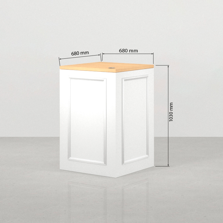 Medidas frontales del mostrador tienda Hoffman blanco 68 x 68 cm